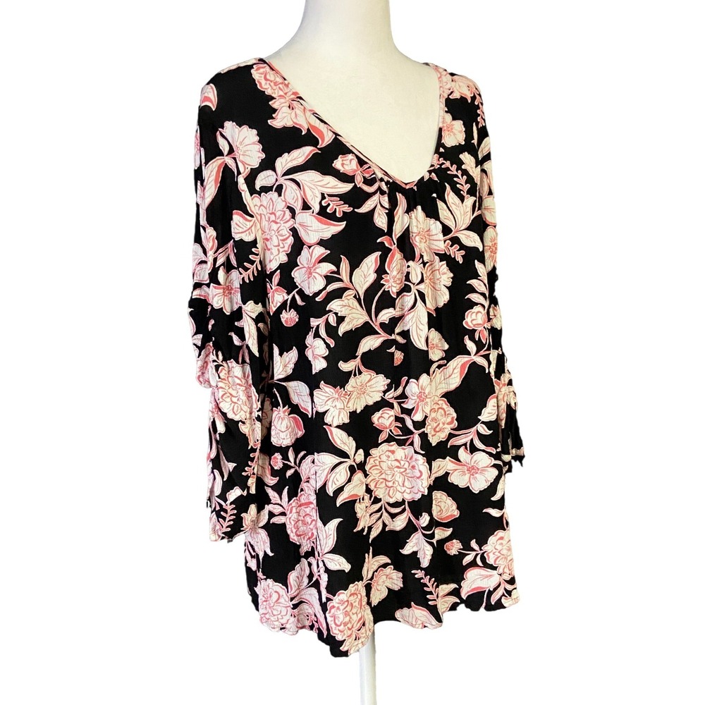 Lane Bryant Blouse Womens 16 Black Floral V Neck 3/4 Sleeve Tunic Top Boho